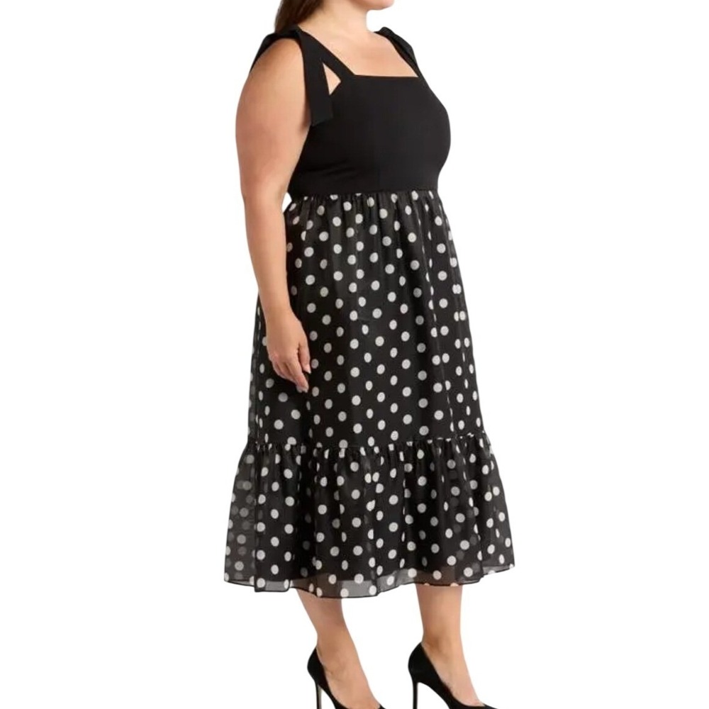 Anne Klein Polka Dot Tie Strap Midi Dress Black White Size 12 NEW $149